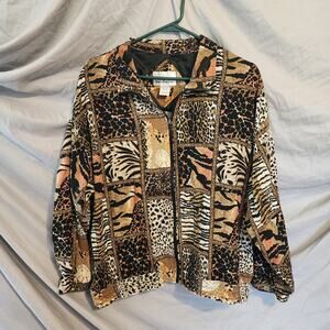 Erin London Silk Jacket XL Animal Print Patchwork Zip Front Long Sleeve Blouse